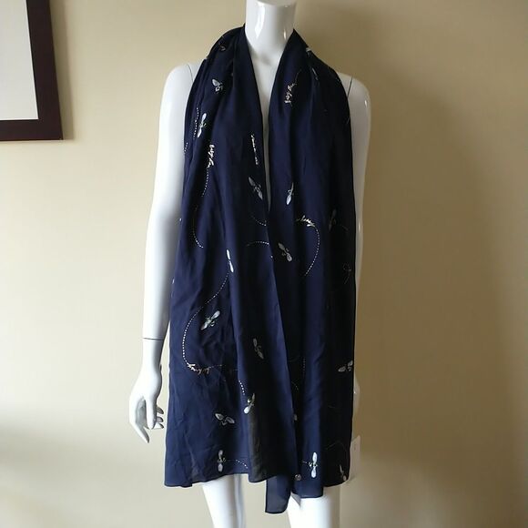 Joules Scarf Womens OS Navy Blue Bee L Lightweight Viscose Rectangle 25x78" New - Picture 2 of 9